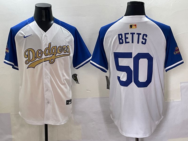 Men Los Angeles Dodgers 50 Betts White Blue Champion gold character Nike 2025 MLB Jersey style 505